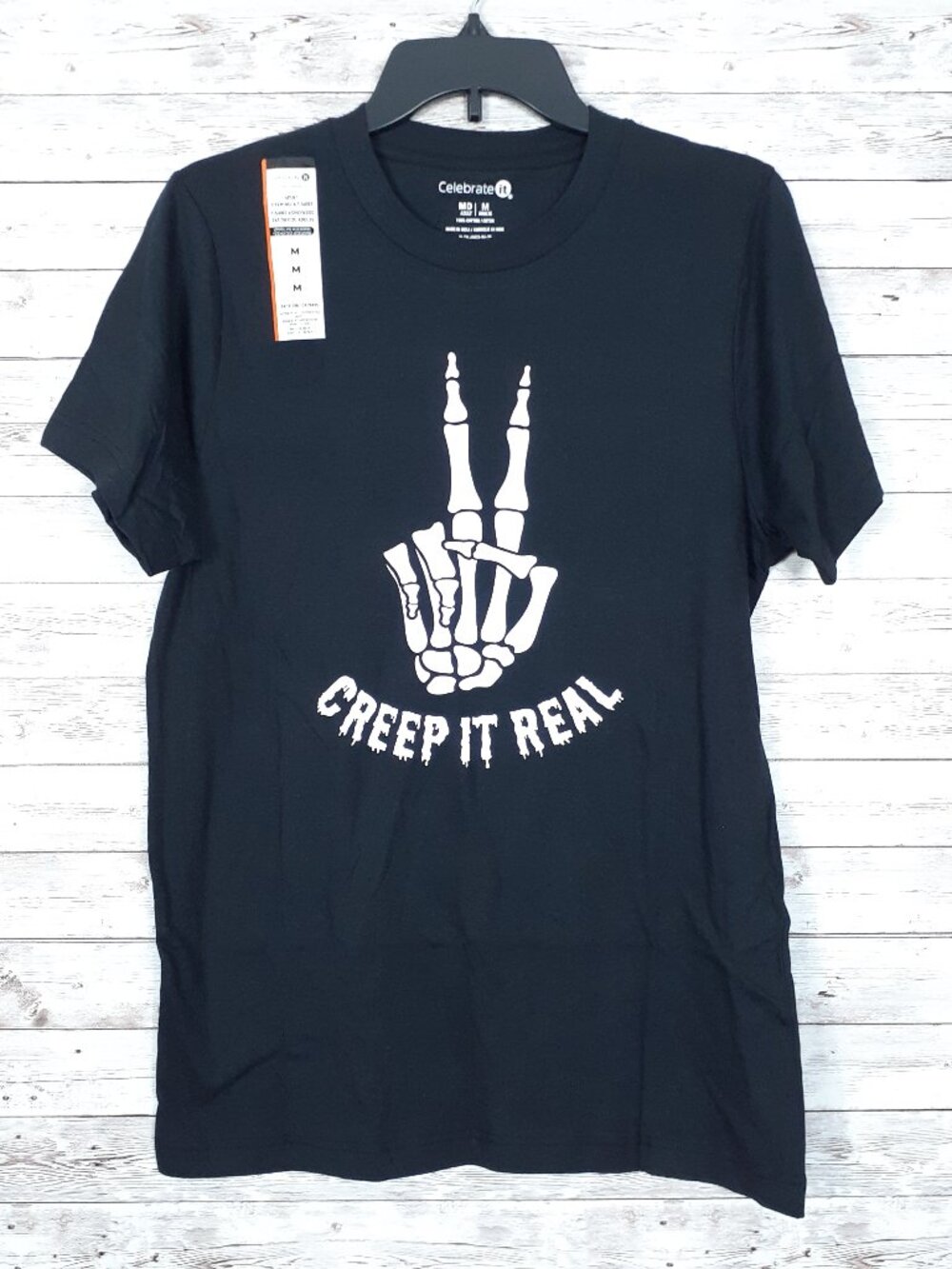 Halloween Adult Crew Neck T-Shirt M Tee Creep It Real Skeleton Black 991A